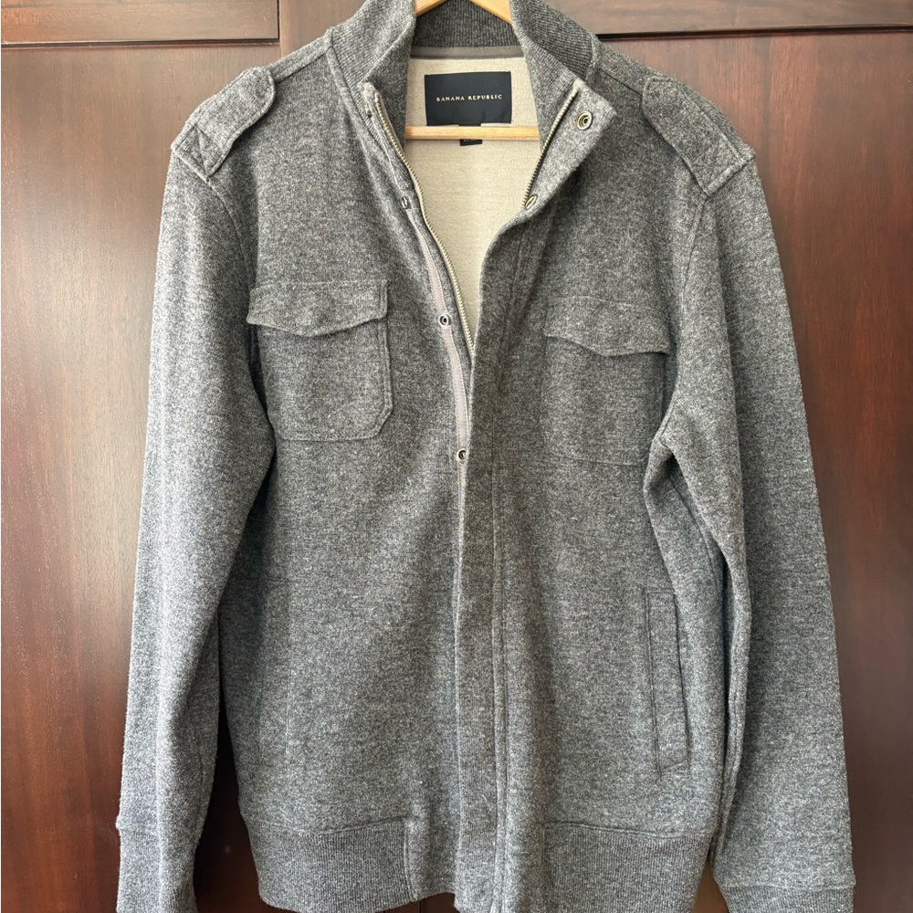 Banana Republic Men's Heather Gray Zip-Up Military Sweater Jacket